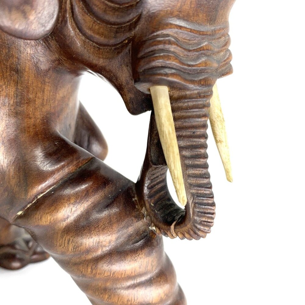 Vintage Thai Hand Carved Teak Wood Elephant Statue w Carved Base 6.5" Hard Wood - Picture 15 of 15